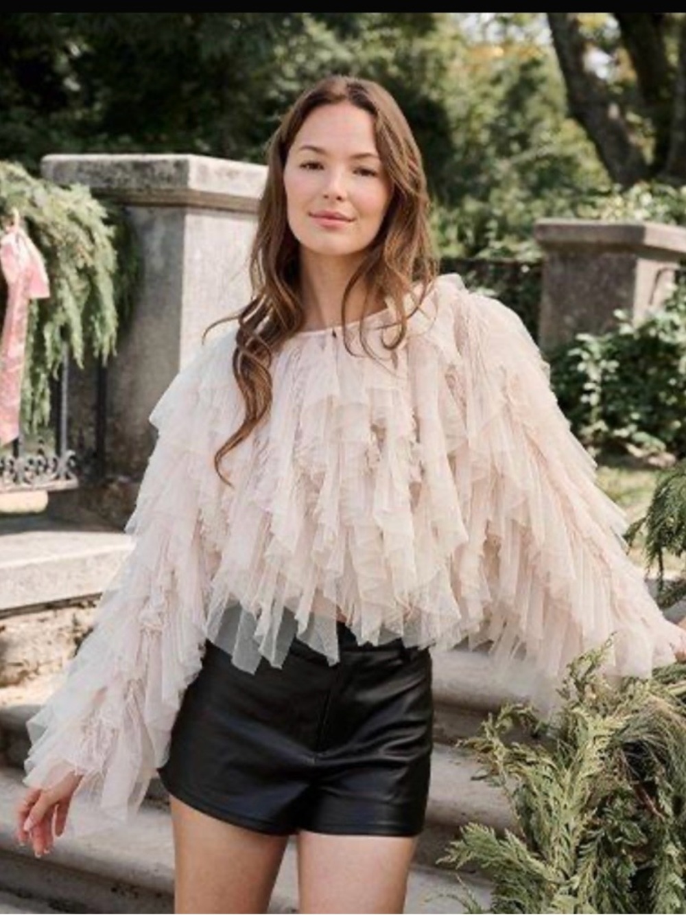 Altar'd State Layered Ruffle Sheer Blouse - Cream